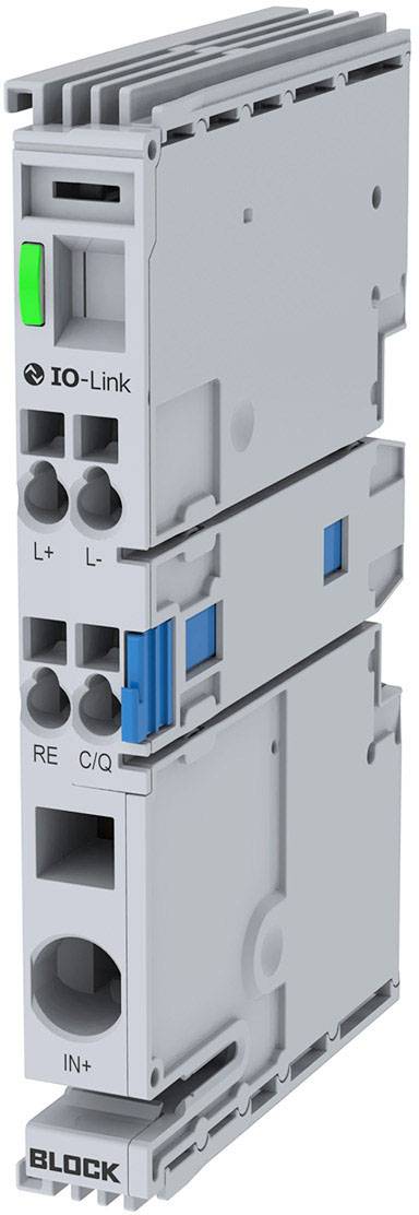 Modul IO-Link v šedé barvě s modrými a zelenými detaily. Viditelné připojovací body a řídicí vstupy. Řídicí elektronika pro průmyslové aplikace.