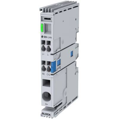 Modul IO-Link v šedé barvě s modrými a zelenými detaily. Viditelné připojovací body a řídicí vstupy. Řídicí elektronika pro průmyslové aplikace.