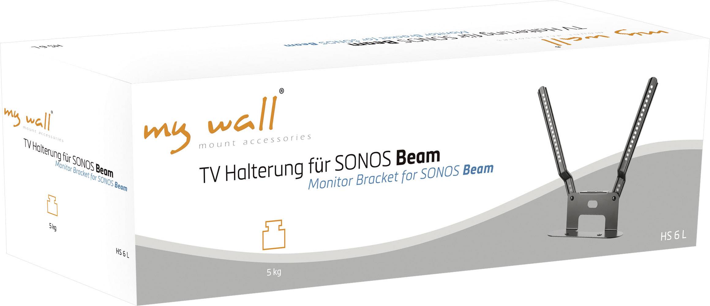 Kartonová krabice s nápisem 'Držák TV pro SONOS Beam' s obrázkem držáku. Obsahuje pokyny pro upevnění monitoru.