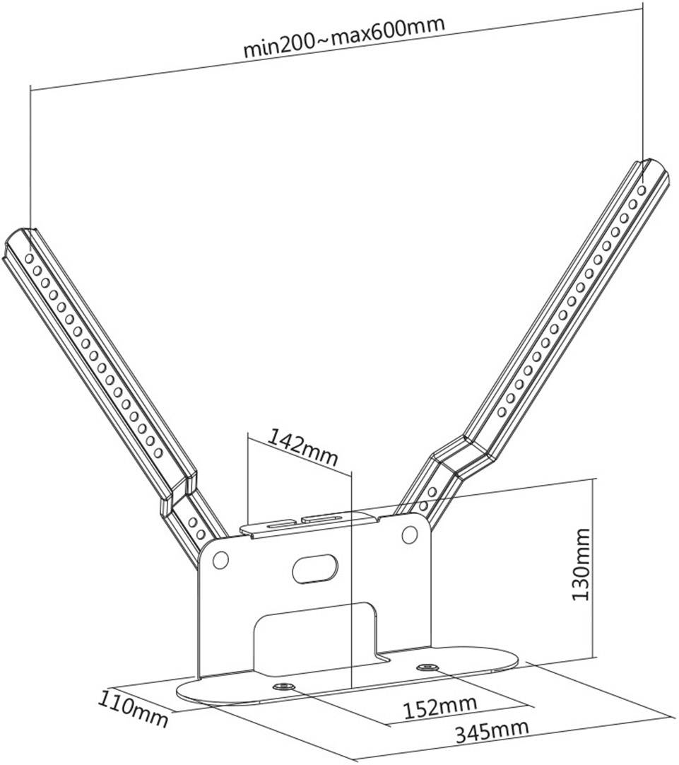 Technický výkres upevňovacího mechanismu s rozměry: šířka 345 mm, výška 130 mm, nastavitelné ramena od 200 mm do 600 mm.