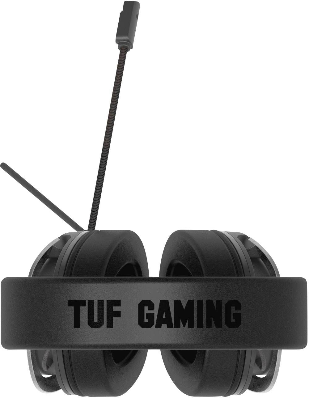 Černá herní sluchátka s mikrofonním ramenem a nápisem 'TUF GAMING' na hlavovém oblouku.