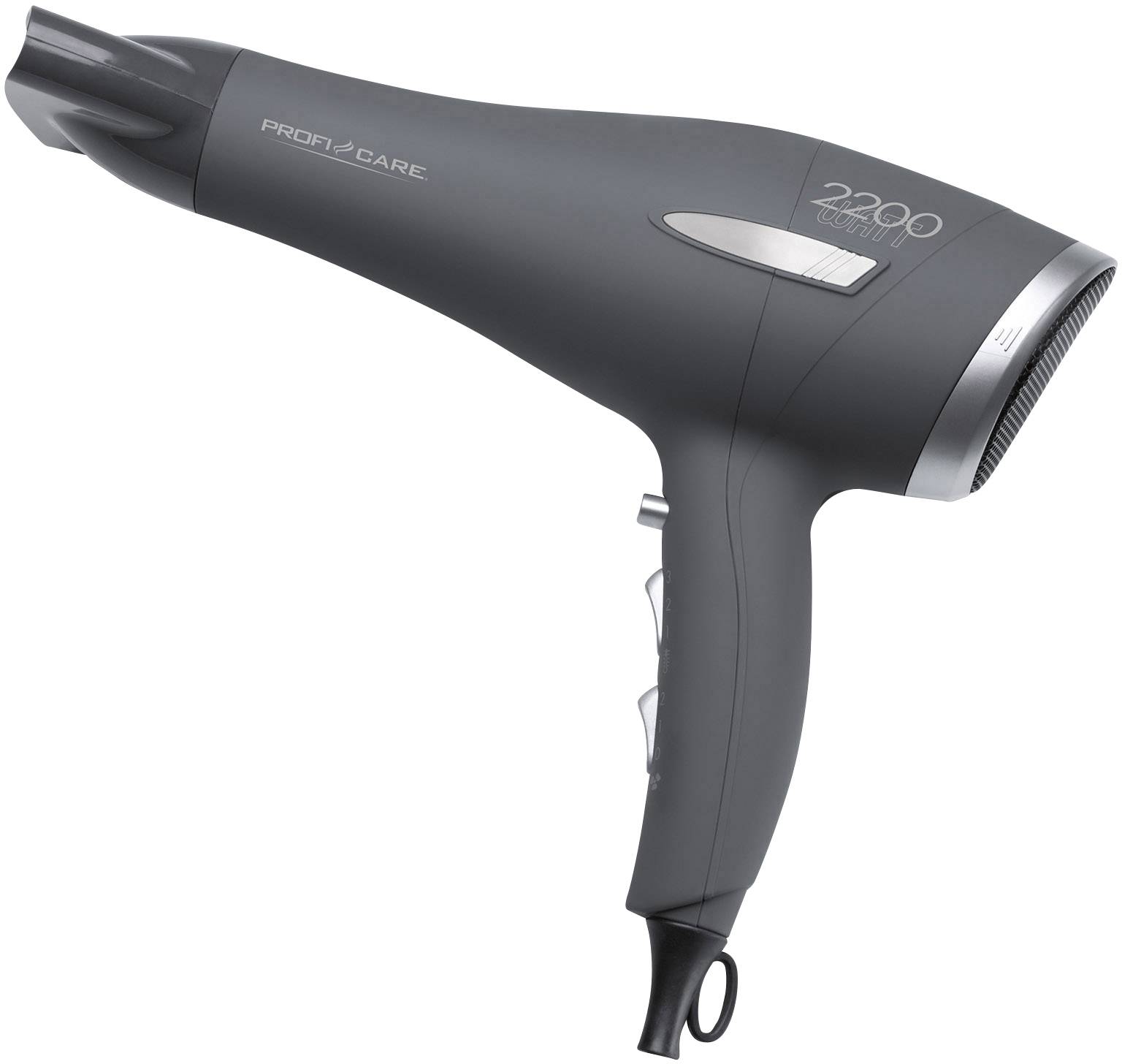 Černý fén na vlasy s 2200 watty od značky Profi Care. Zařízení má úzký výstup vzduchu a ergonomicky tvarovanou rukojeť.