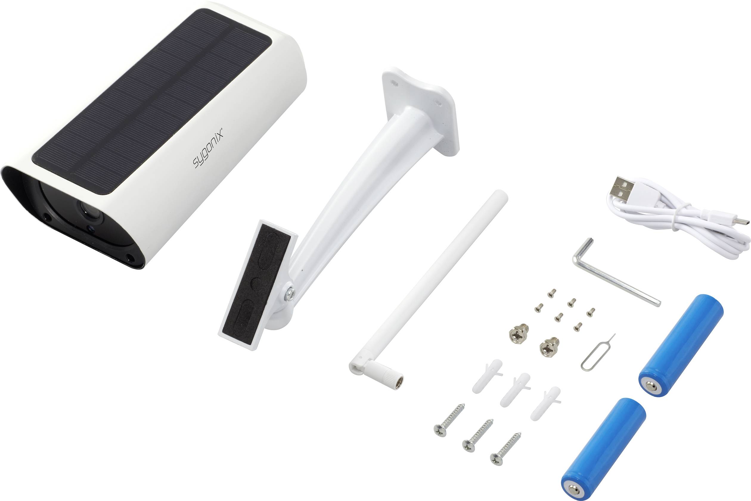 Solární bezpečnostní kamera s nástěnným držákem, USB kabelem, šrouby a dvěma modrými bateriemi. Ideální pro venkovní sledování.