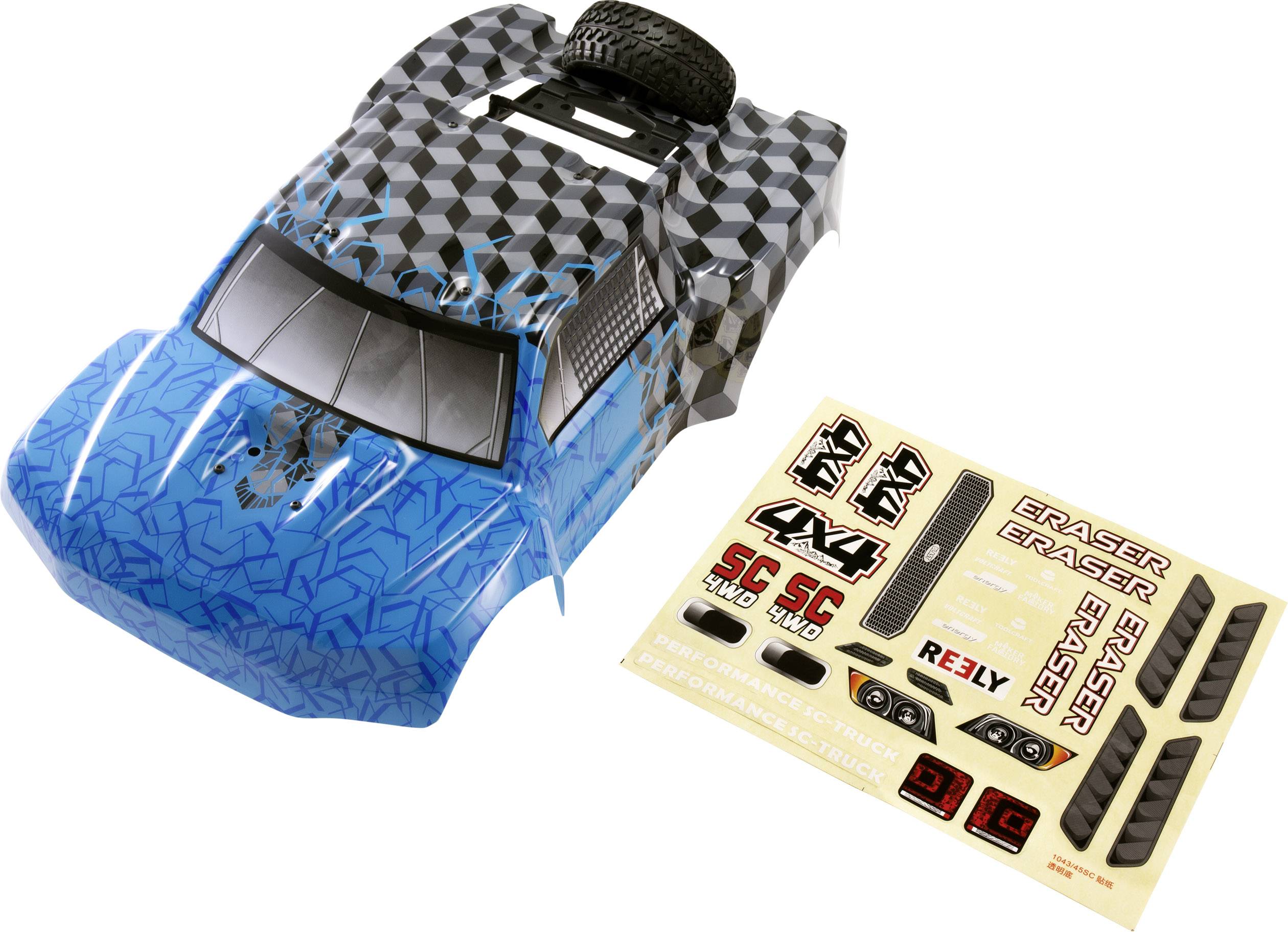 Modrá součást modelového auta s geometrickým vzorem a arch samolepek s různými automobilovými designy a logy.