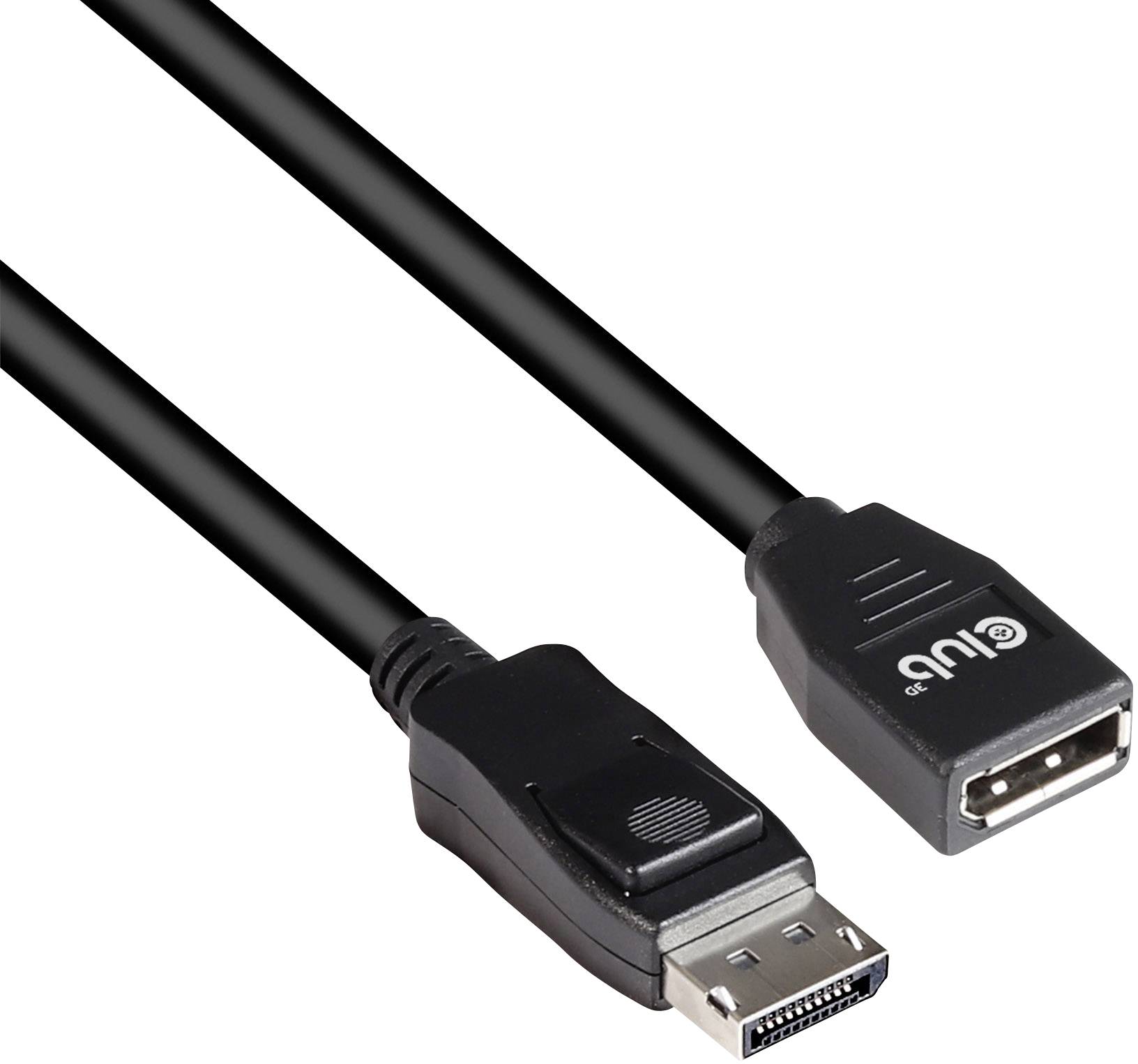 Černý DisplayPort kabel s jedním samičím a jedním samčím konektorem, vhodný pro audio a video připojení.