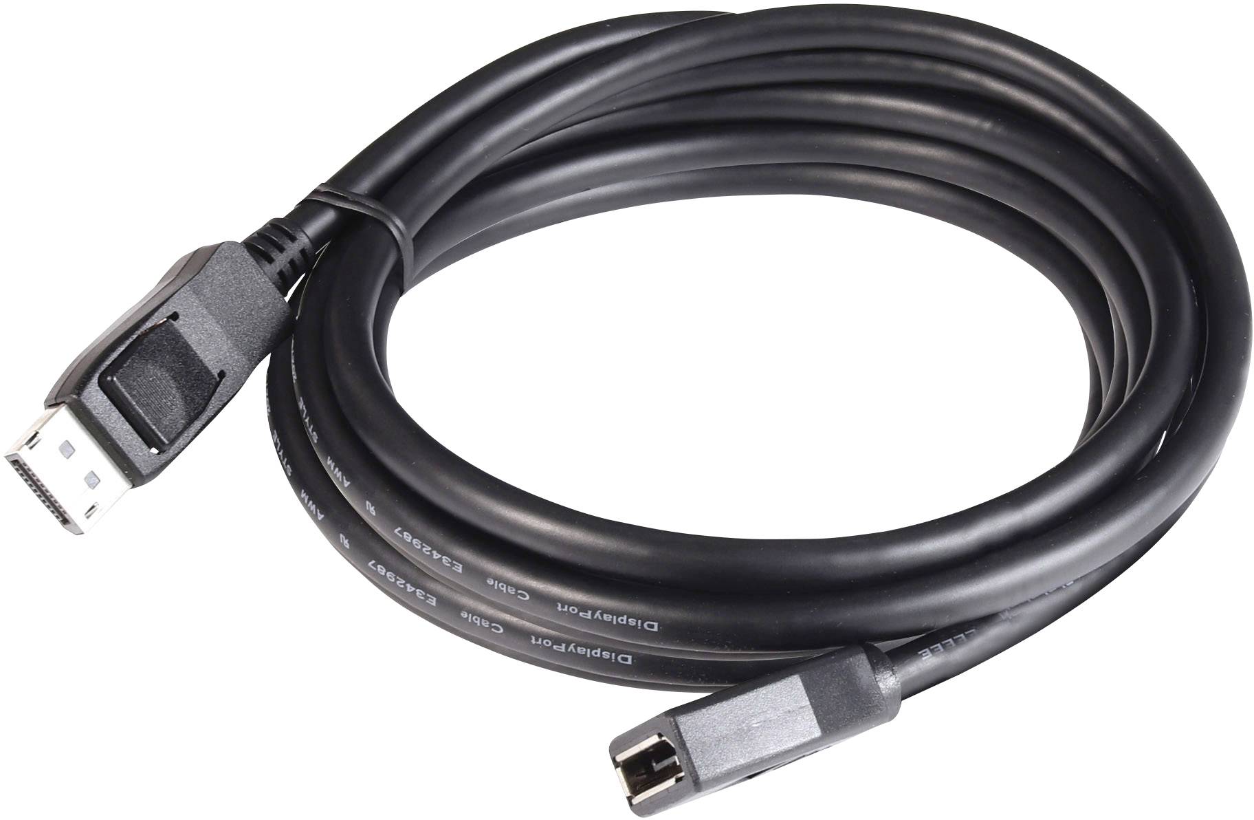 Černý DisplayPort kabel svinutý do klubíčka, s konektory na obou koncích pro připojení počítačů k monitorům.