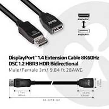 Prodlužovací kabel DisplayPort 1.4, podpora 8K60Hz a HDR, obousměrný, délka 3 metry, samec/samice.