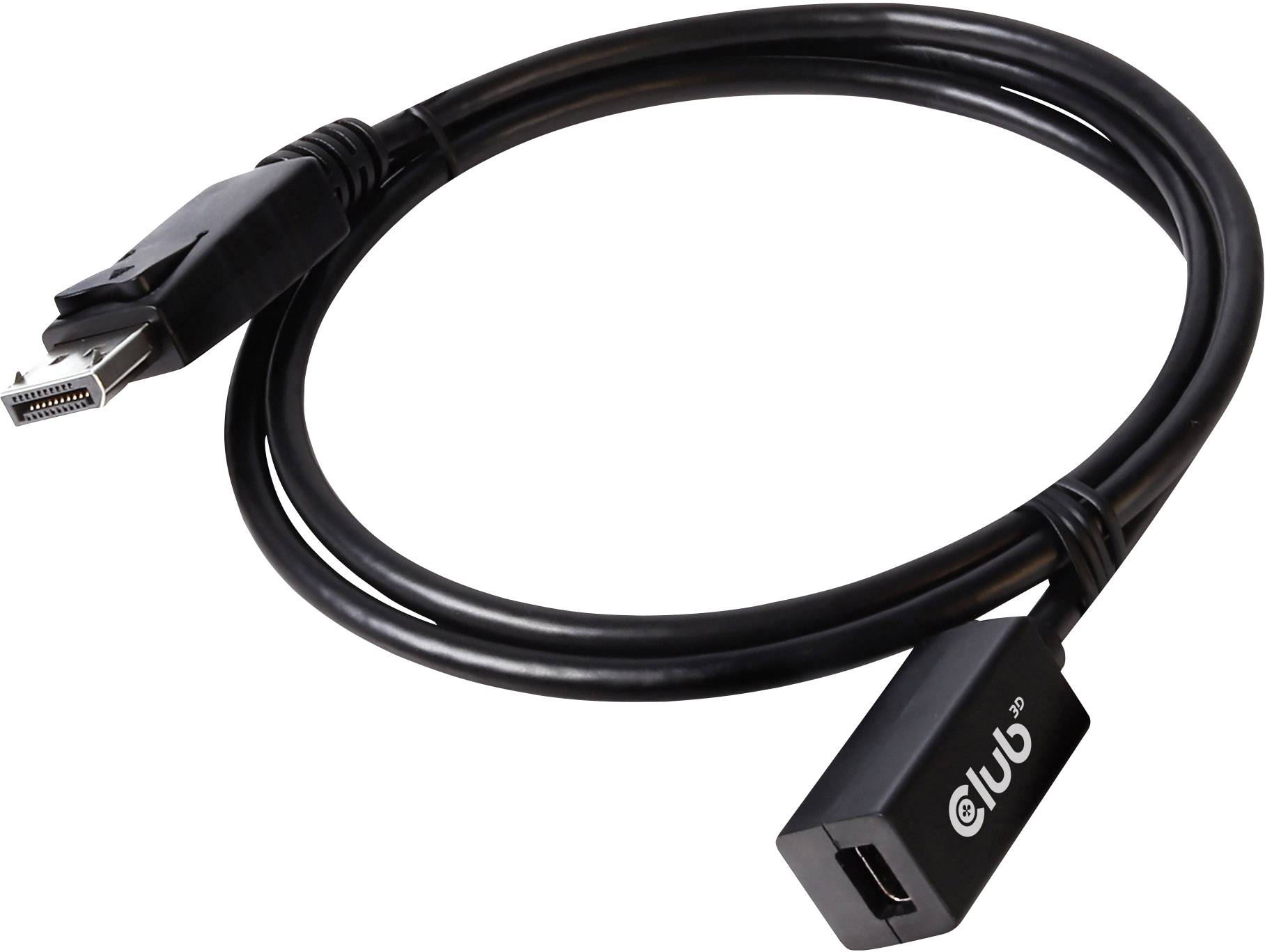 Černý kabel DisplayPort na HDMI, zobrazující zástrčku a zásuvku, vhodný pro videové připojení počítačů k monitorům nebo televizím.