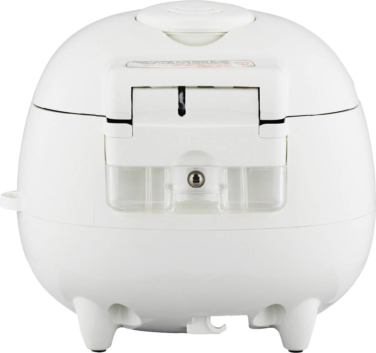 Bílý varný hrnec na rýži s uzavřeným víkem. Varný hrnec stojí na malých nožkách a působí kompaktně a moderně.