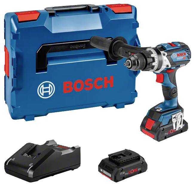 Sada aku vrtačky Bosch s modrou přepravní taškou, nabíječkou a baterií.
