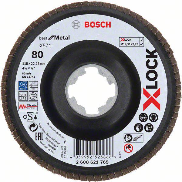 Brusná kotouč Bosch, model X571, vhodný pro kov. Průměr 115 mm, zrnitost 80. Centrální otvor pro bezpečné upevnění.