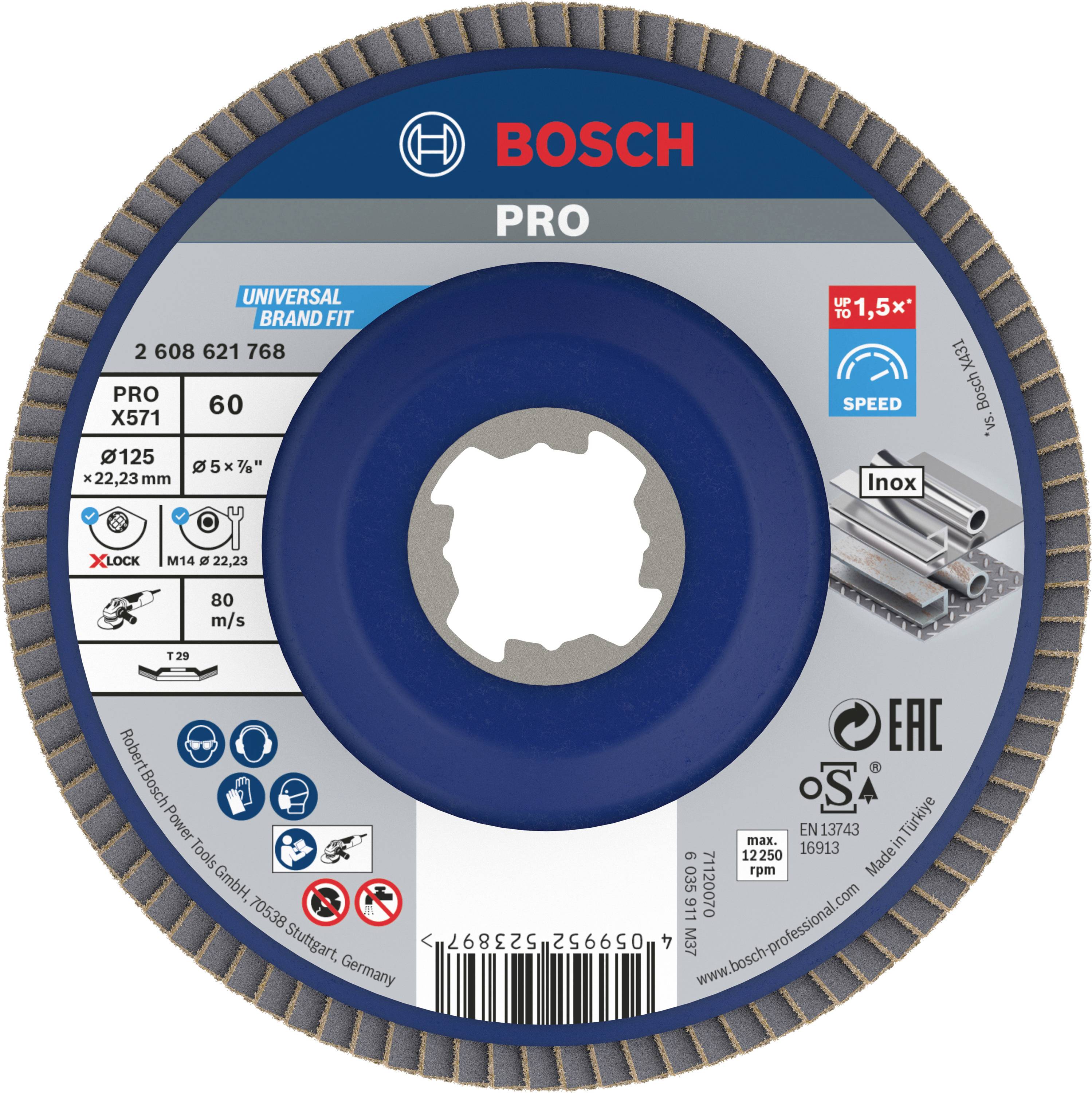Brusný kotouč Bosch pro obrábění kovu, vhodný pro nerezovou ocel, průměr 125 mm, vrtání 22,23 mm, otáčky 12 200/min.