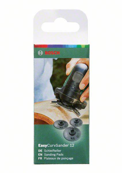 Obal ukazuje brusné listy pro Bosch EasyCurvSander 12 s obrázkem nástroje při broušení dřevěného povrchu.