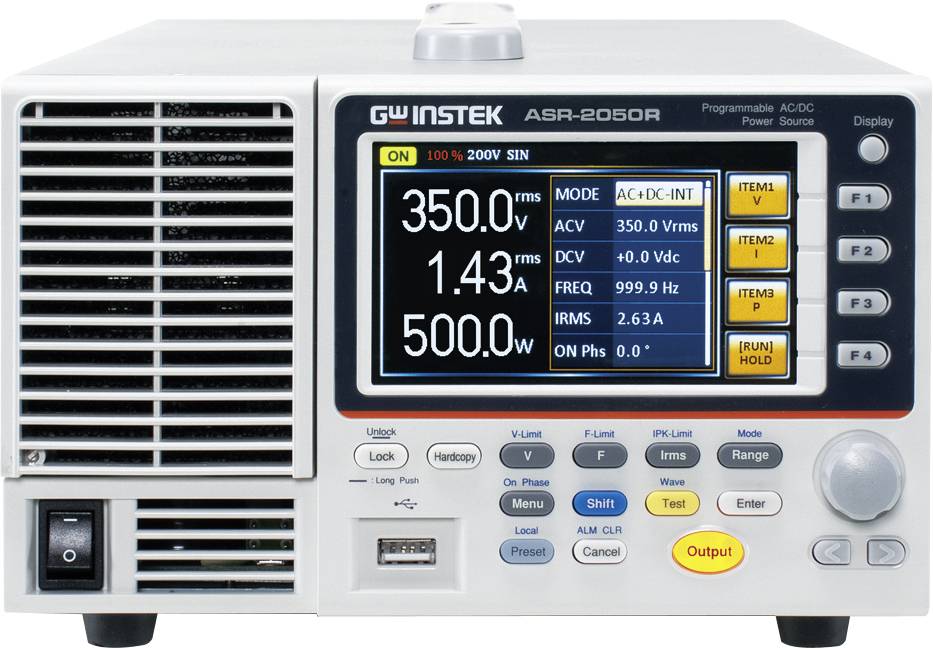 Elektronické měřicí zařízení s digitálním displejem zobrazuje hodnoty: 350,0 V, 1,43 A a 500,0 W. Ovládací tlačítka pro řízení a nastavení jsou umístěna po straně.