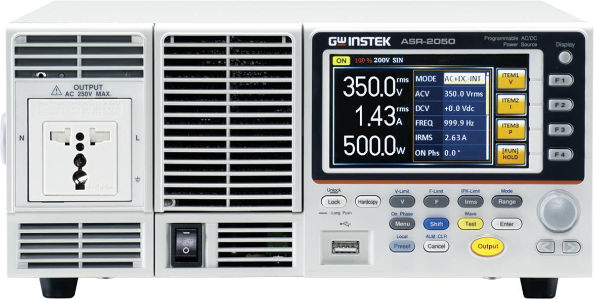 Elektronické zařízení s digitálním displejem zobrazuje měřené hodnoty jako '350,0 V', '1,43 A' a '500,0 W'. Ovládací tlačítka jsou umístěna vpravo.