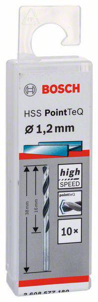 Balení vrtáku Bosch HSS PointTeQ, průměr 1,2 mm, vhodný pro vrtání do kovu, obsahuje 10 kusů.