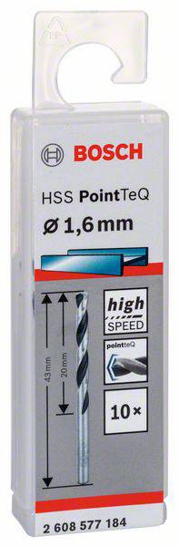 Balení 1,6 mm HSS vrtáku PointTeQ od Bosche, vhodného pro vrtání vysokou rychlostí. Zobrazuje vrták a technické detaily.