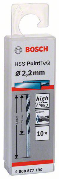 Balení vrtáku Bosch HSS PointTeQ, průměr 2,2 mm, vhodný pro vysoké otáčky, obsahuje 10 kusů.