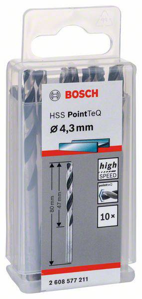 Vysokorychlostní ocelový vrták Bosch, HSS PointTeQ, průměr 4,3 mm, balení po 10 vrtácích.