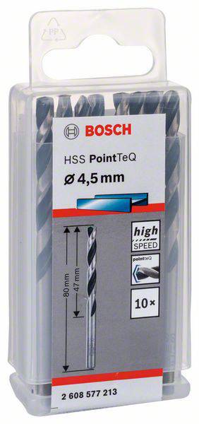 Balení obsahuje deset vrtáků Bosch HSS PointTeQ s průměrem 4,5 mm. Na obalu je nápis 'high speed', který označuje vysokou rychlost.