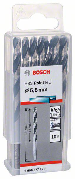 Sada vrtáků Bosch HSS PointTeQ pro kov, 10dílná. Průměr 5,8 mm, vysokorychlostní, baleno v plastovém boxu.