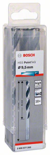 Balení HSS PointTeQ kovového vrtáku Bosch, průměr 9,5 mm, délka 125 mm, vhodný pro kovy, obsahuje 10 kusů.