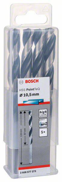 Balení s pěti vrtáky Bosch HSS PointTeQ o průměru 10,5 mm. Na obalu je viditelné logo Bosch a technické specifikace.