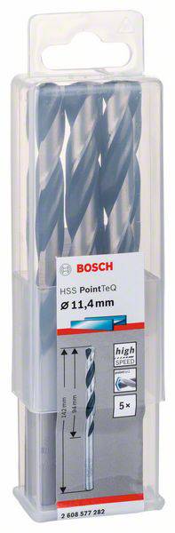 'Tři HSS vrtáky Bosch pro obrábění kovů, průměr 11,4 mm, v průhledném obalu.'
