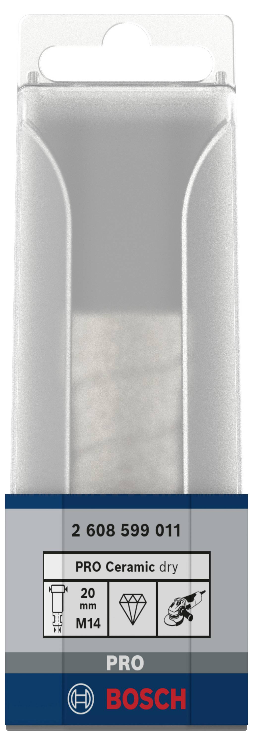 'Bosch PRO Ceramic dry' Diamantový vrták 20 mm M14 v plastovém obalu. EAN 2 608 599 011. Vhodný pro suché řezání keramiky.