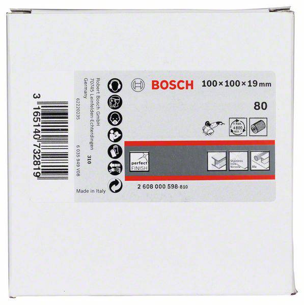 Bílý obal s logem Bosch. Obsahuje schematické znázornění brusného listu, rozměry 100x100x19 mm, zrnitost 80.