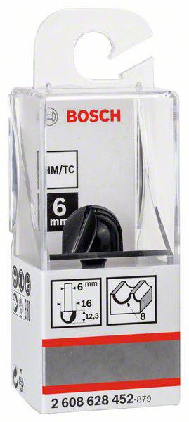 Balení frézky Bosch HM/TC, průměr 6 mm, pro práci se dřevem. Zobrazuje tvar a velikost frézy. Číslo produktu dole.