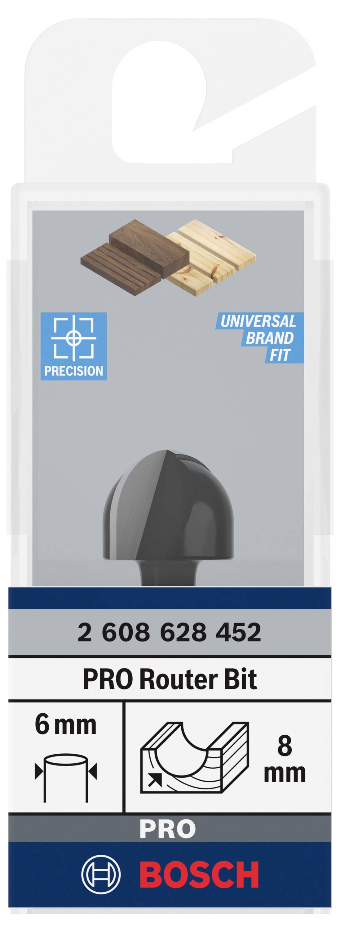 Bosch PRO frézka s průměrem 6 mm a hloubkou 8 mm, vhodná pro práce se dřevem. Obal ukazuje příklad dřeva a pokyn k přesnosti uložení.