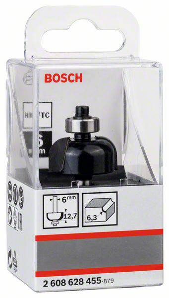 Plastový obal s frézou od Bosche. Potisk uvádí technické specifikace: 'HW/TC', '5 mm', 'ø12,7 mm', '6 mm'.