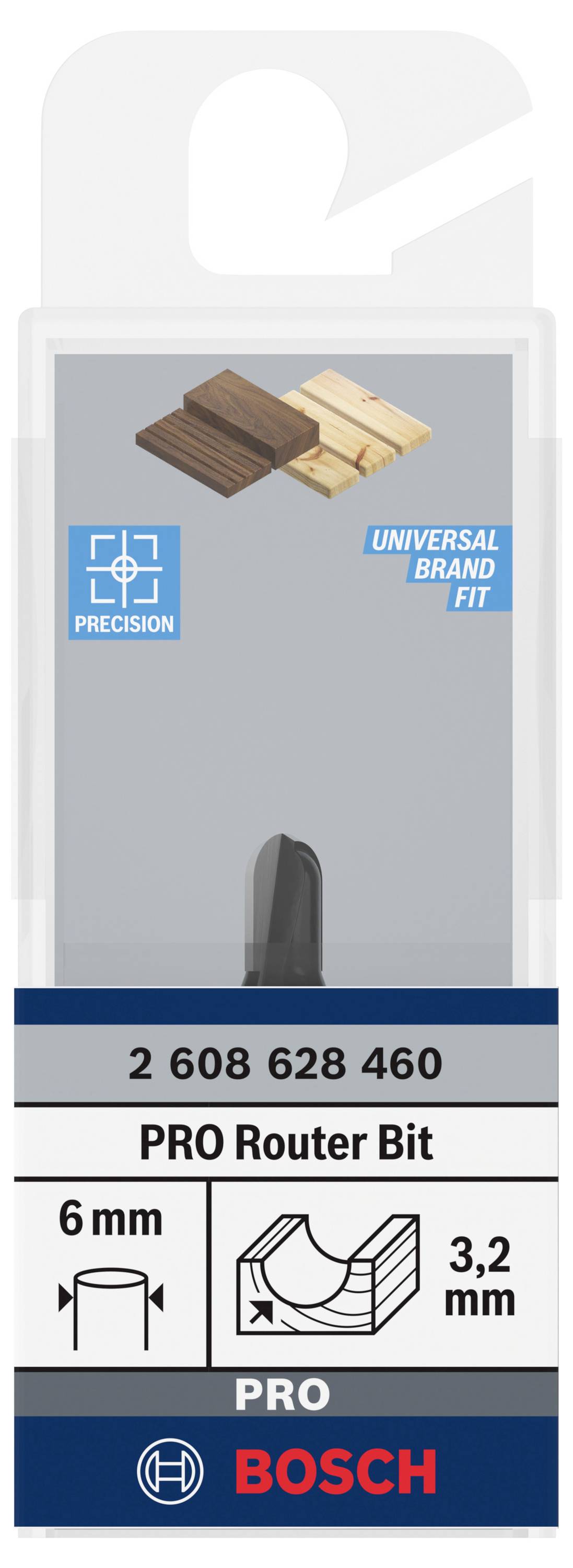 Obrázky dvou druhů dřeva, obal frézovacích nástrojů Bosch, text 'Universal Brand Fit', rozměry: 6 mm, 3,2 mm.