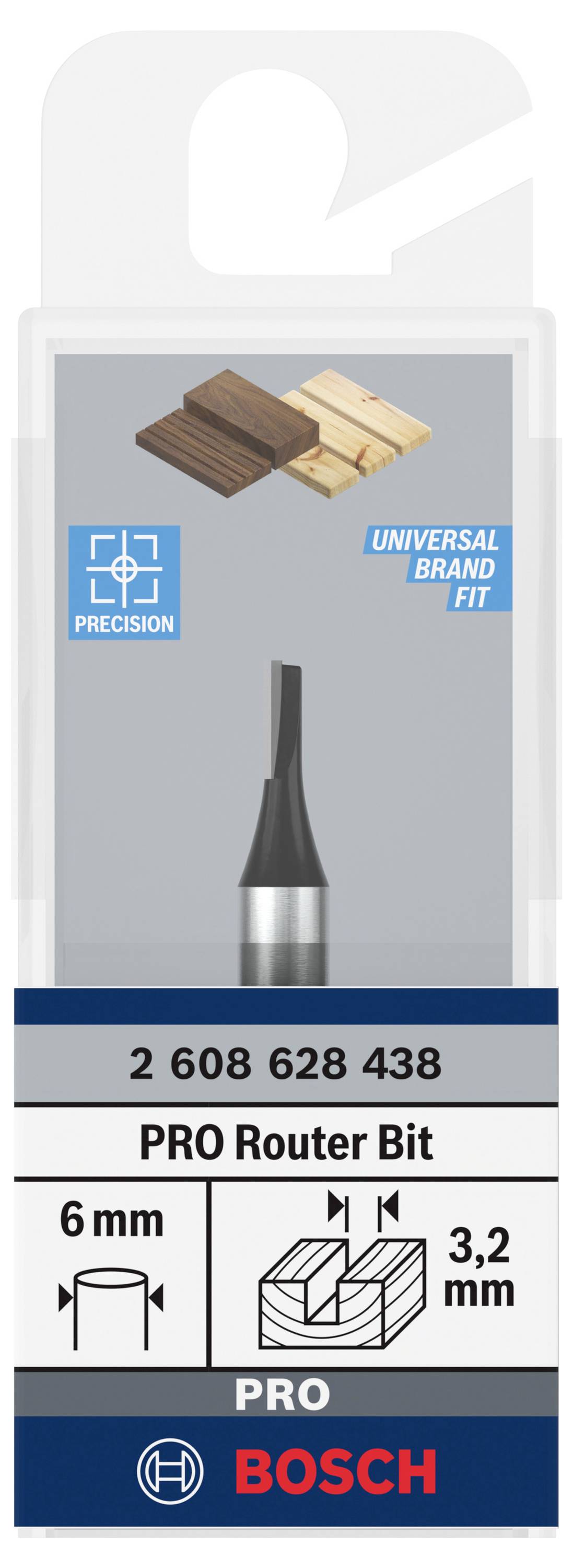 Balení frézky Bosch s produktovým číslem 2 608 628 438. Zobrazuje rozměry frézy: 6 mm stopka, 3,2 mm šířka řezu.
