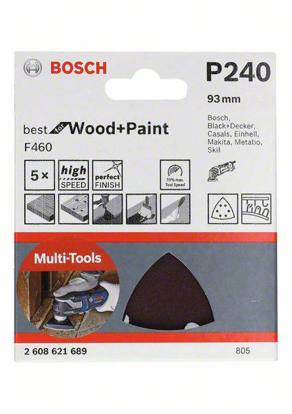 Balení brusného papíru Bosch P240, 93 mm. Obsahuje informace 'wood+paint', vhodné pro multifunkční nářadí, 5 kusů v balení.