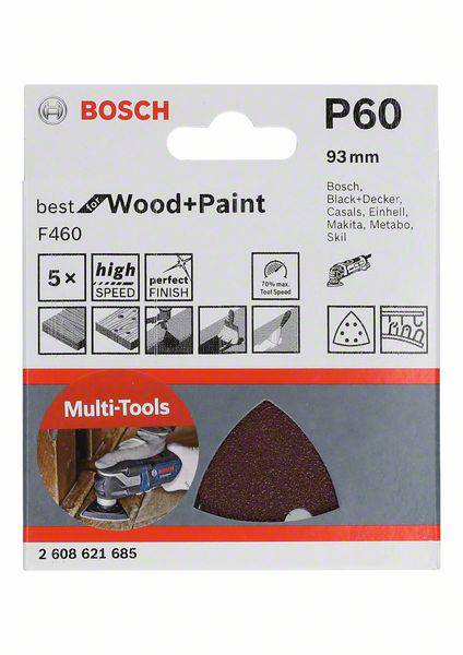 Balení brusných listů Bosch, vhodné pro dřevo a barvu, zrnitost P60, 93 mm, kompatibilní s různými značkami multifunkčních nástrojů.