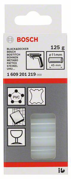 Šedé balení tavných lepicích tyčí Bosch, 125g, průměr 11mm, délka 45mm. Vhodné pro PVC, textil a dřevo.