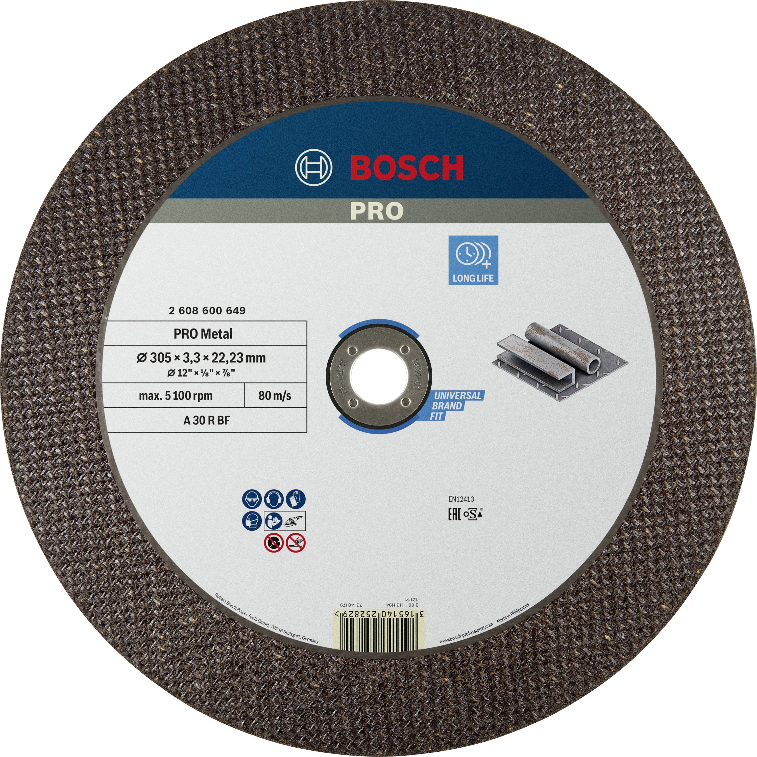 Řezný kotouč s logem Bosch, označení 'PRO Metal', rozměry Ø 305 x 3,3 x 22,23 mm, obrázek kovových dílů, rychlost 80 m/s.