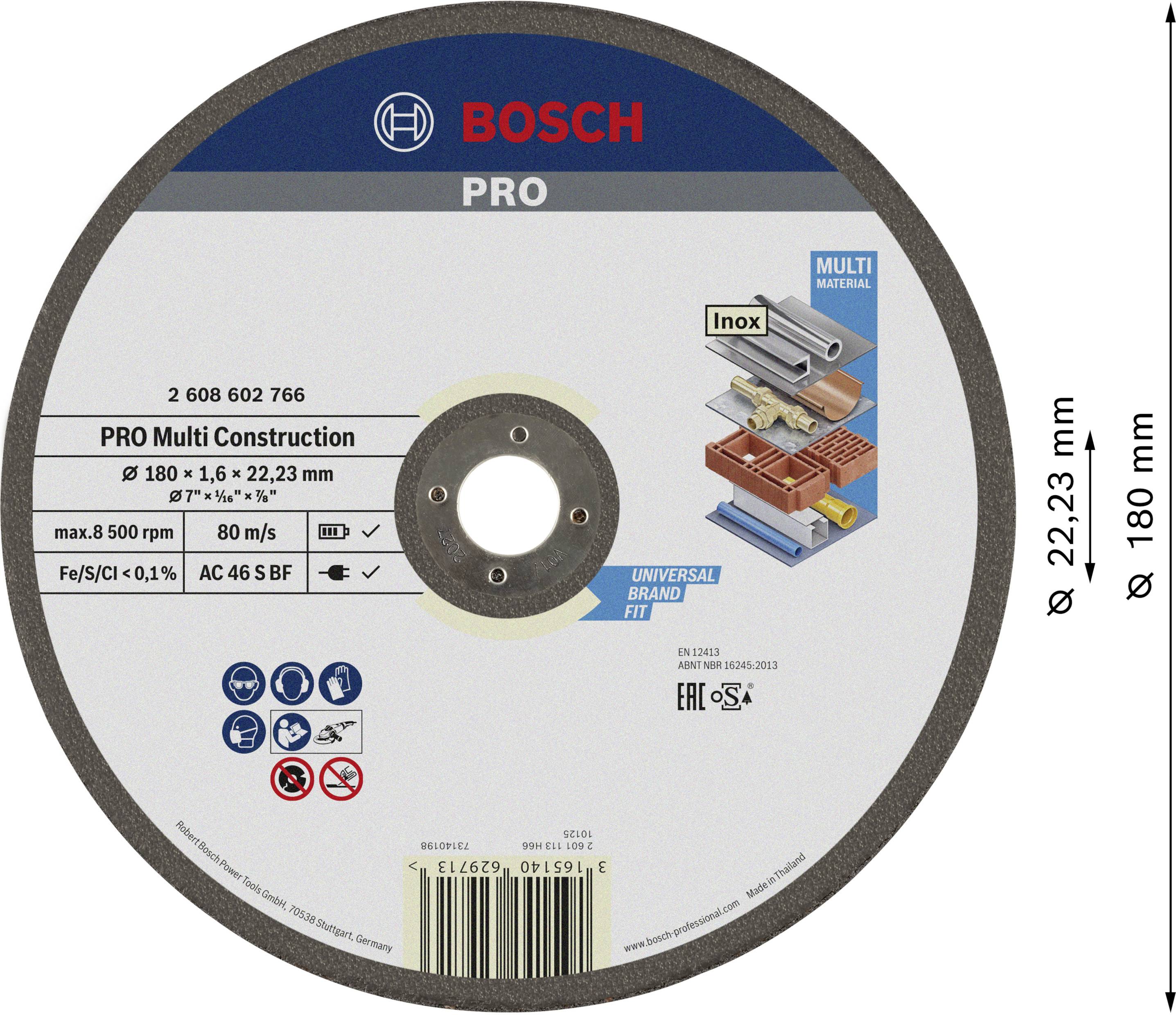 Řezný kotouč od Bosch, model 'PRO Multi Construction', průměr 180 mm, tloušťka 1,6 mm, vhodný pro různé materiály.