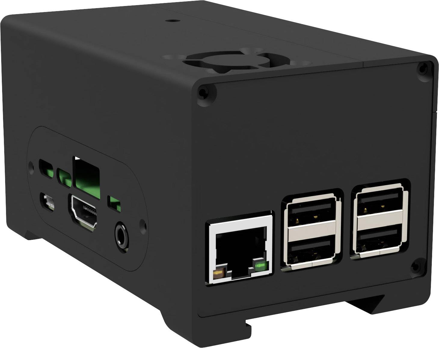Černý mini počítač s několika porty, včetně USB a ethernetového rozhraní. Vhodný pro projekty a technické aplikace.