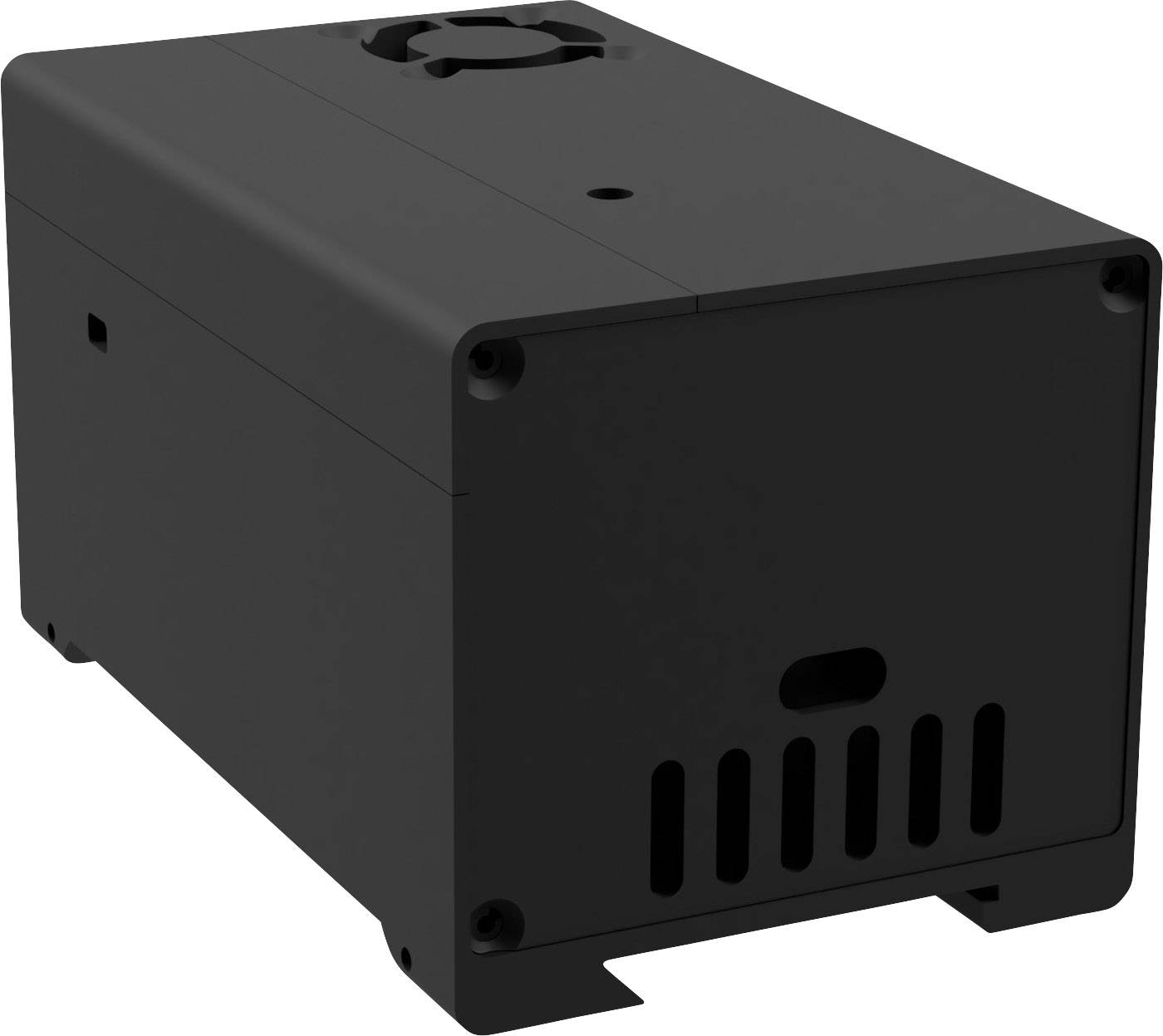 Černý obdélníkový box s větracími otvory a ventilátorem na horní straně, pravděpodobně nějaké technické zařízení.