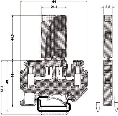 Technický výkres profilového řezu s kótami. Hlavní rozměry: šířka 64 mm, výška 51,5 mm, hloubka 8,2 mm.