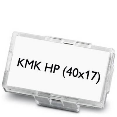 Bílá cedule s černým nápisem 'KMK HP (40x17)'.