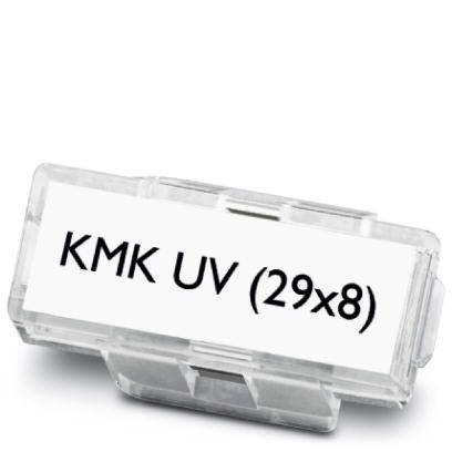 Štítek s nápisem 'KMK UV (29x8)' v průhledném plastovém pouzdře.