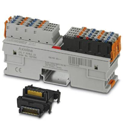 Elektronické konektory a moduly s oranžovými, modrými a šedými prvky. Hlavní modul nese nápis 'Axioline'.