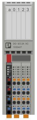 Šedá elektronická komponenta s označením 'DO 8/2 2A XC'. Nad komponentou jsou čísla '0 1 2 3', pod ní barevné konektory a symboly.