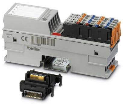 Axioline modul s barevnými připojovacími svorkami a označením CE, vedle něj kompaktní konektor pro elektrické připojení.