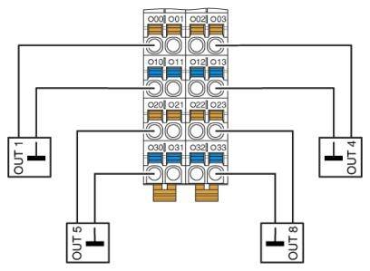 Blokový diagram znázorňuje elektrické obvody propojené s výstupy OUT1, OUT4, OUT5 a OUT8.