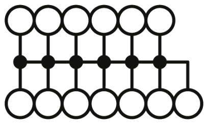 Kruhový vzor ve dvou řadách; horní řada propojená s dolní černými body. Symetrický design nebo schematický nákres.